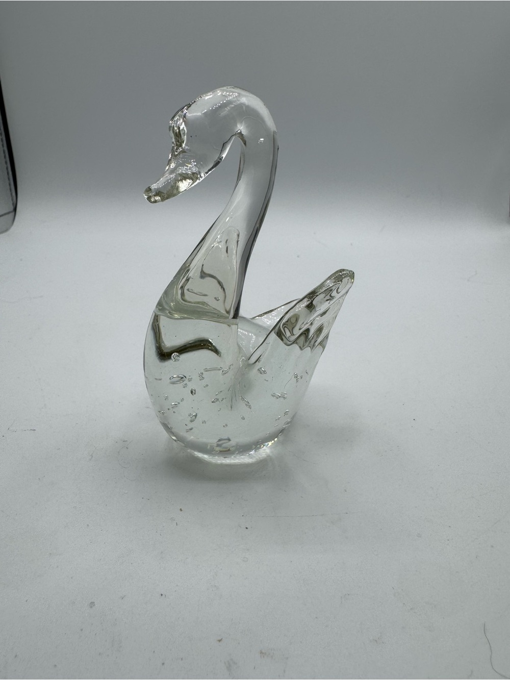 Hand Blown Glass Murano Inspired Clear With Bubbles Swan Paperweight